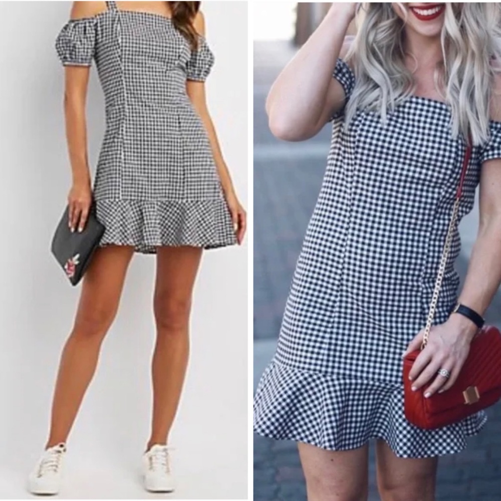 Cold Shoulder Black and White Gingham Print Bodycon Mini Dress